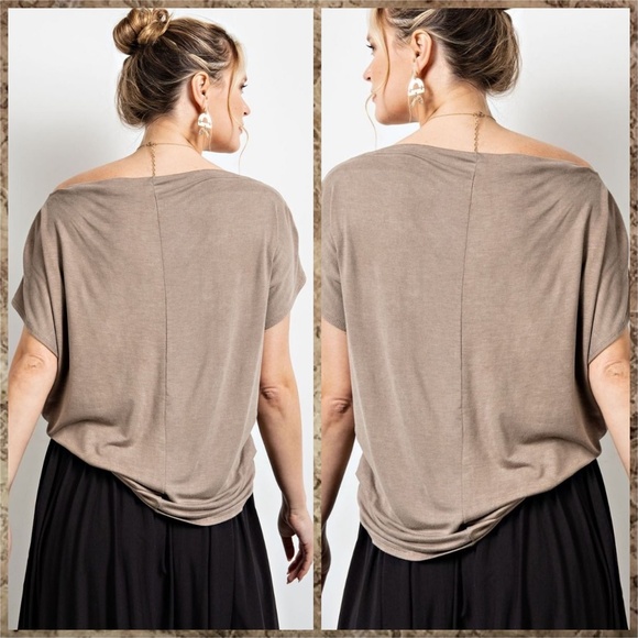 EASEL Ruched Sides Slouchy Short Dolman Sleeves Slinky Boat Neck Top Scooped Hem - Picture 7 of 13